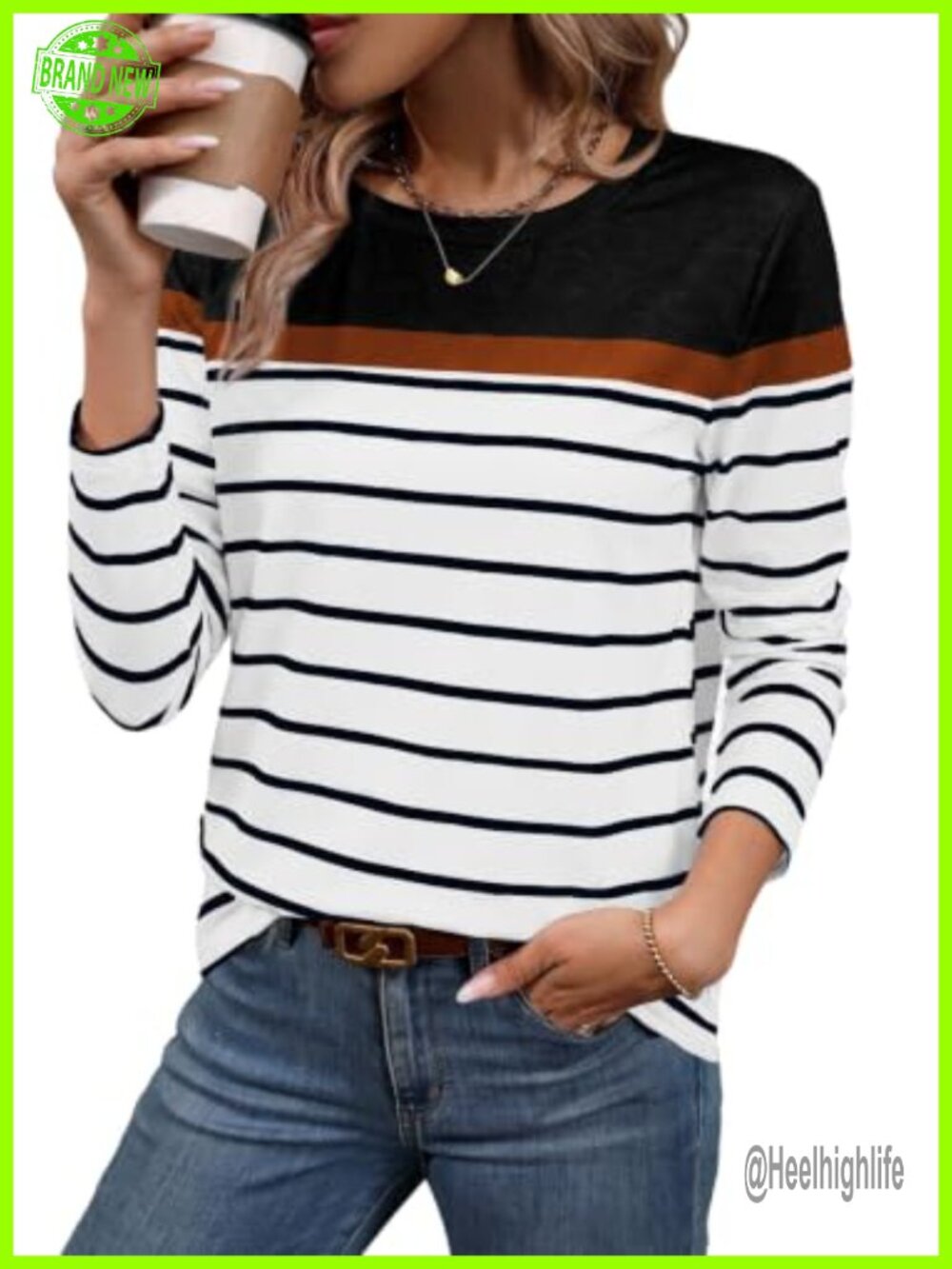 Long Sleeve Stripe Top Women Polyester Spandex Crew Neck Casual T-Shirt